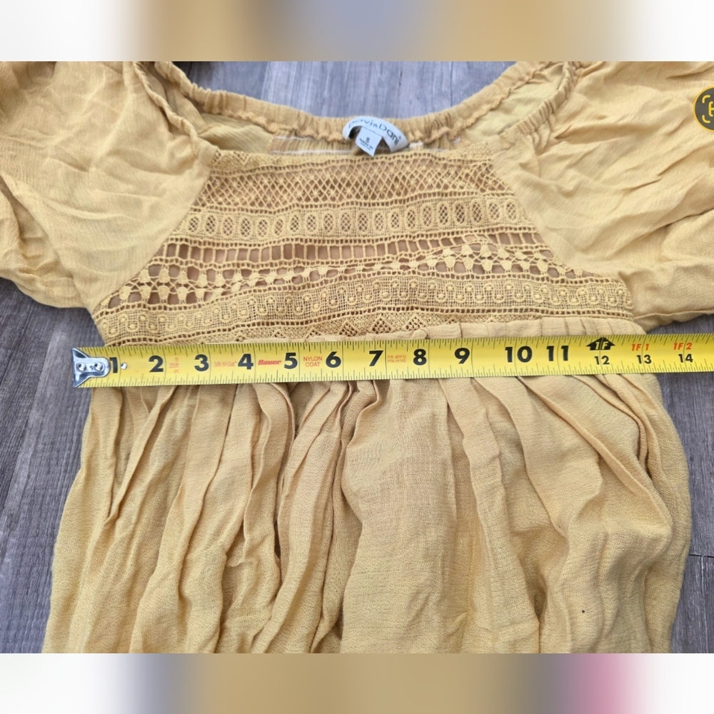 Festival Mustard Yellow Boho Peasant Dress Crochet Yoke Revolve Mini Puff Sleeve - Picture 5 of 5